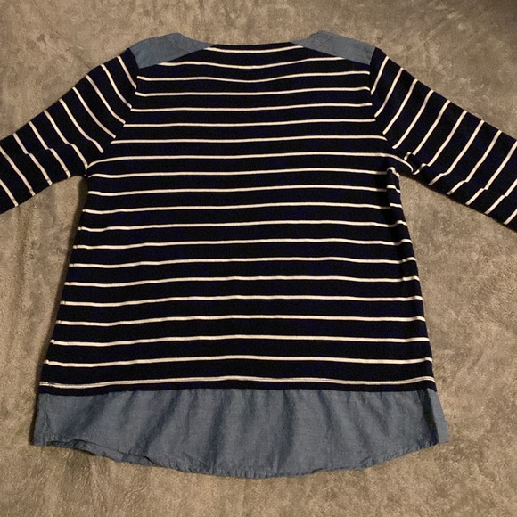 Kim Rogers Nautical Navy Striped Over Denim Layered-Look 3/4 Sleeve Anchor Top - Picture 3 of 16